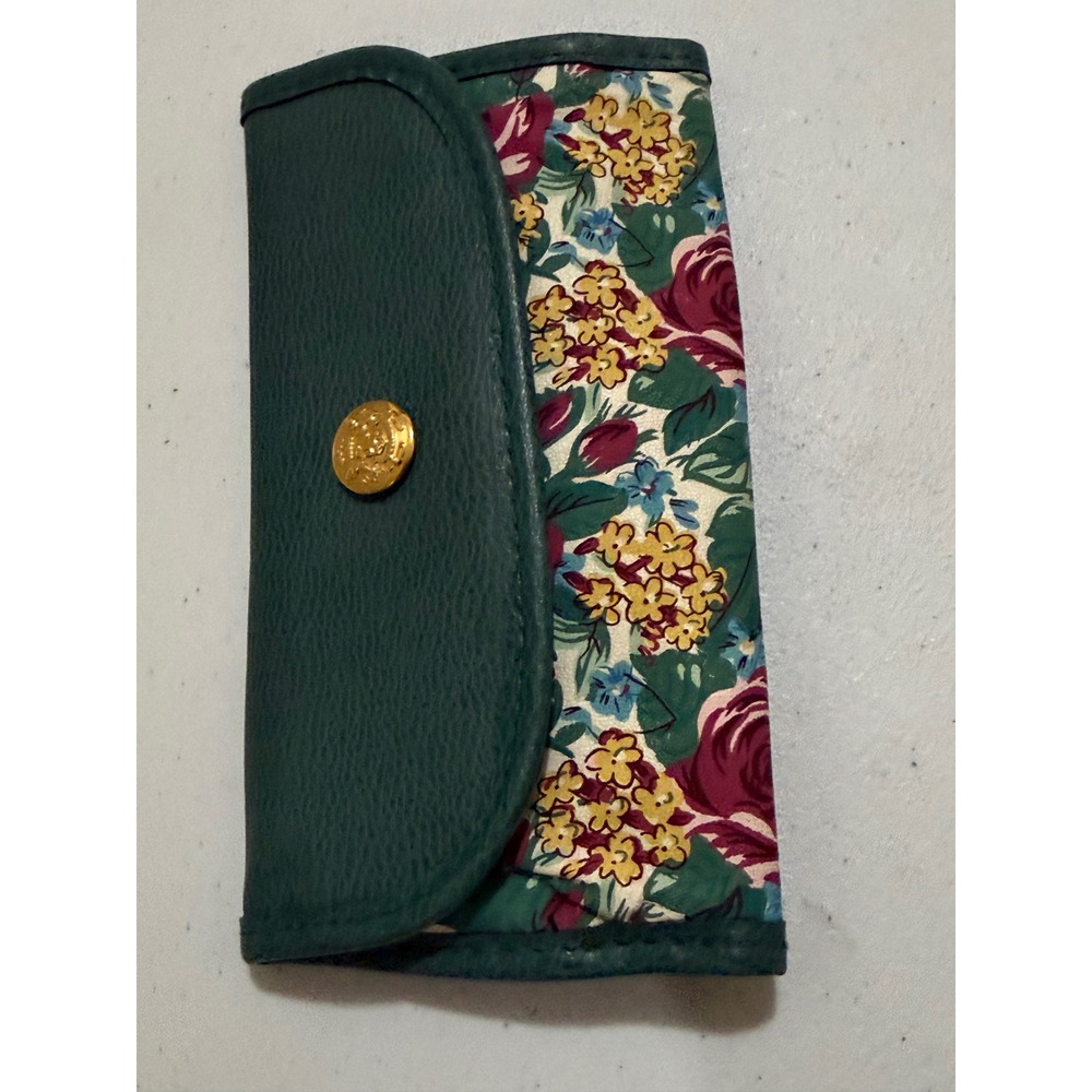 Vintage Floral Tapestry Teal Faux Leather Jewelry Roll Pouch Gold Crest Button
